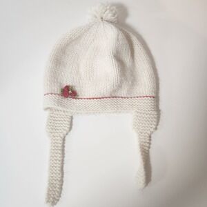Handmade Knit Earflap Beanie Hat Cream White with Red Rose Accent Pom Pom